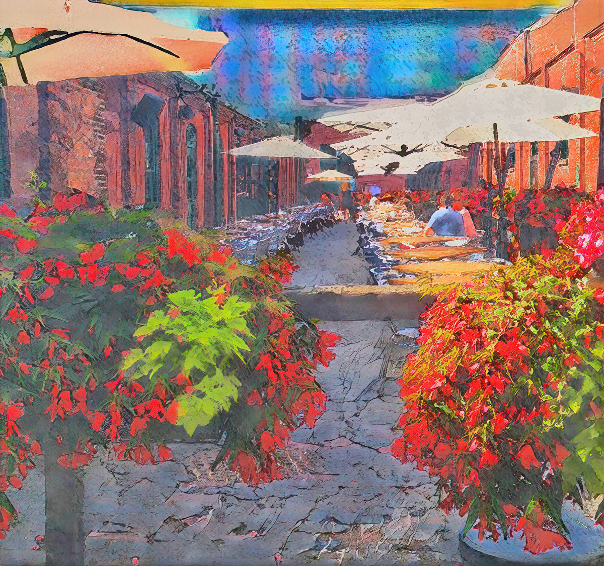 Vibrant Alleyway Cafe with Blooming Flowers by Le Boulanger - Giclee Rolled Canvas Print