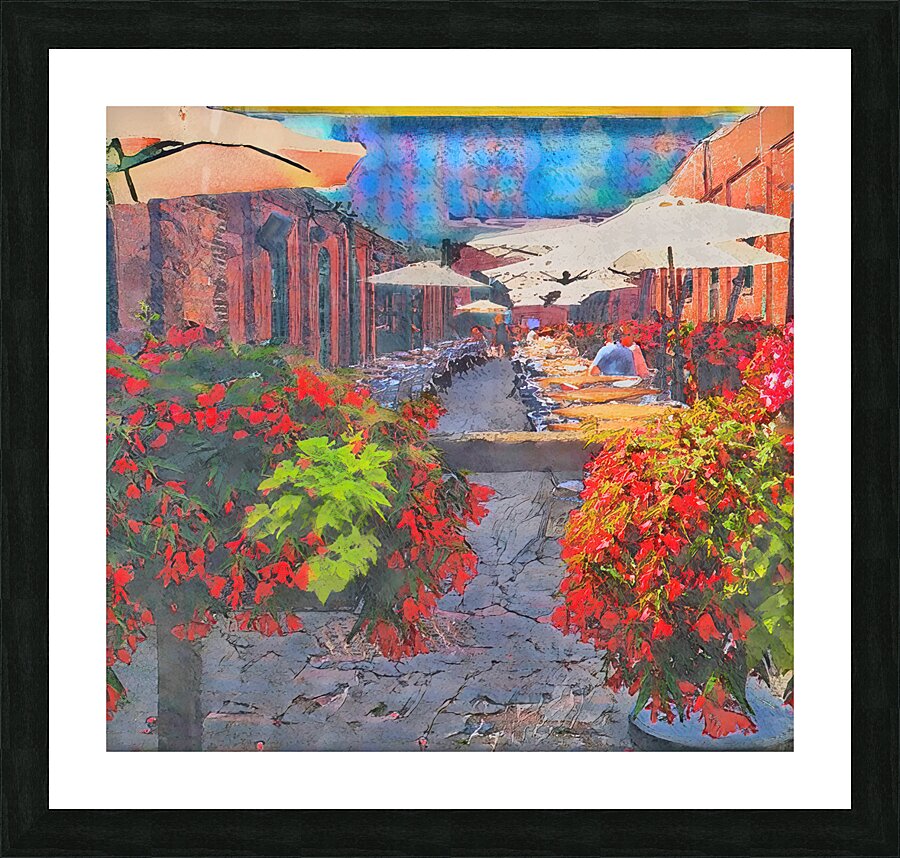 Vibrant Alleyway Cafe with Blooming Flowers by Le Boulanger - Framed Print