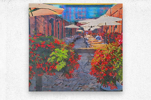 Vibrant Alleyway Cafe with Blooming Flowers by Le Boulanger - Brushed Metal Print