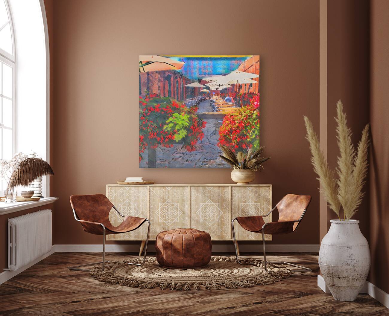 Vibrant Alleyway Cafe with Blooming Flowers by Le Boulanger - Giclée Stretched Canvas Print
